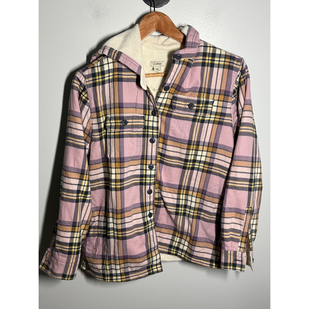 LL Bean Womens XS Petite Pink Plaid Sherpa Lined Hooded Flannel Shirt Jacket